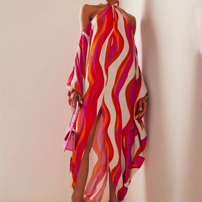 Vibrant Halter Neck Wavy Print Flowy Maxi Dress with Open Shoulder Sleeves