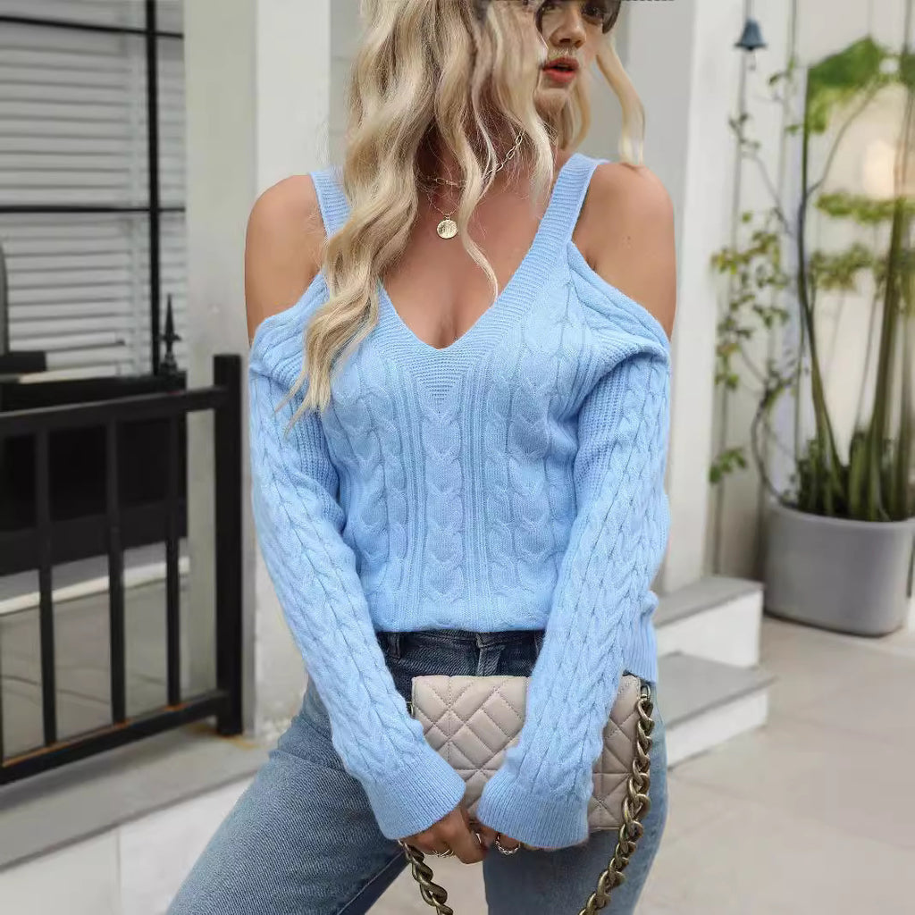 Cozy Cold Shoulder Cable Knit Sweater with Long Sleeves and V Neck