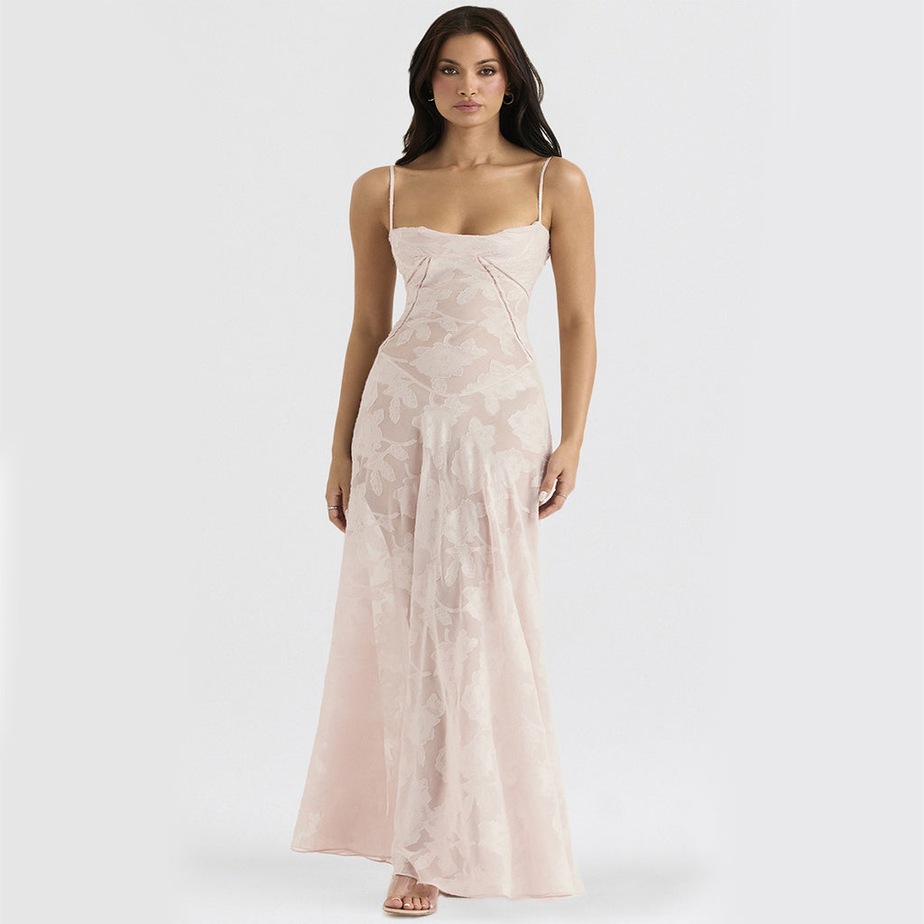 Elegant Floral Lace Maxi Dress with Suspender & Tie-Back Detail