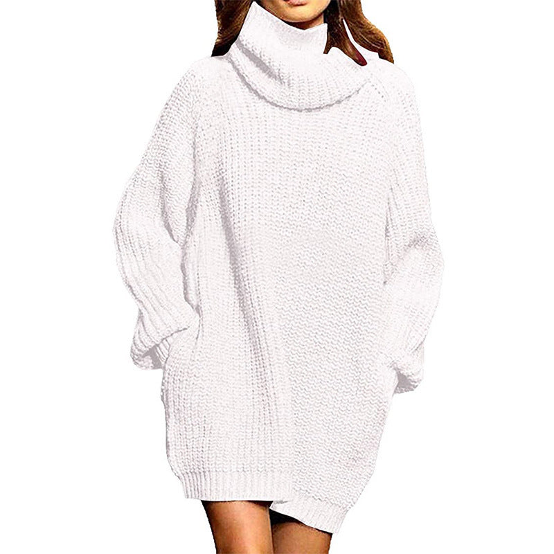 Cozy Oversized Long Sleeve High Neck Knit Sweater Dress with Convenient Pocket