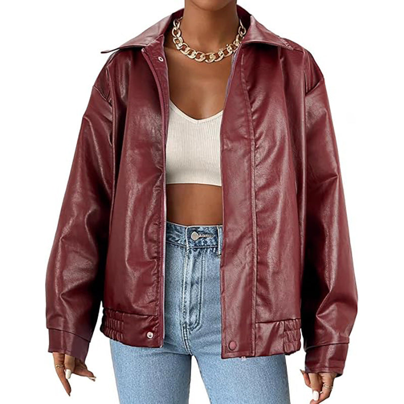 Street Style Loose Fit Faux Leather Bomber Jacket Trendy Design