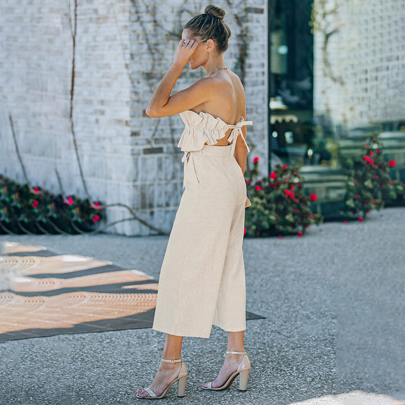 Chic Women's Strapless Ruffle Wide Leg Jumpsuit for Summer Casual Wear