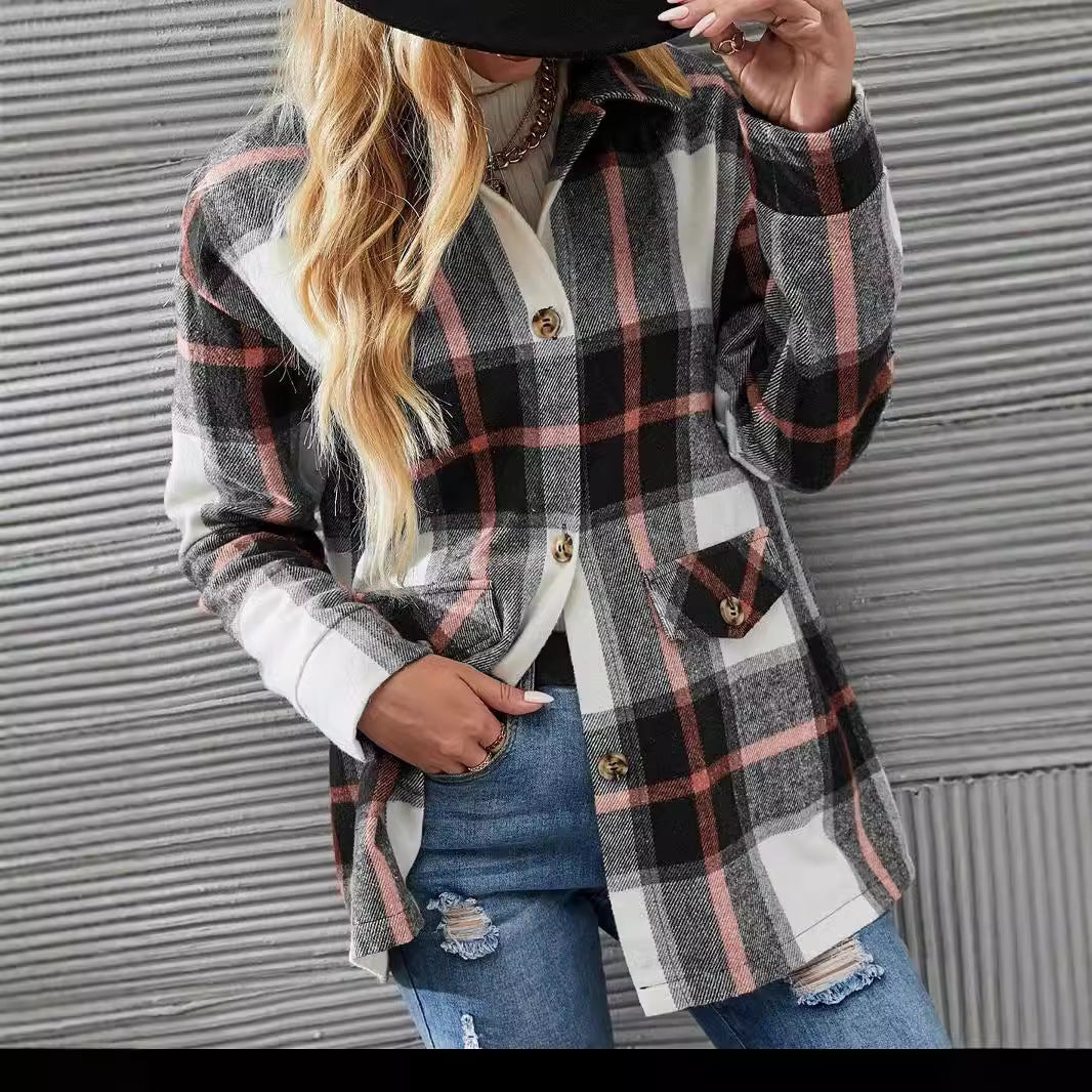 Stylish Loose Fit Plaid Button-Up Long Sleeve Shacket for Autumn