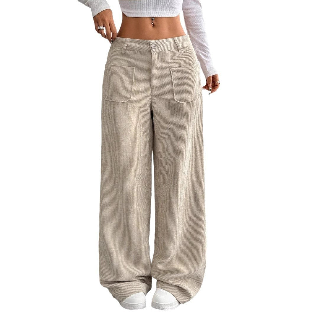Chic Corduroy Wide Leg Pants with Pockets - Loose Fit Street Style