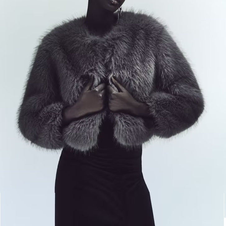 Chic Faux Fur O Neck Cropped Jacket Stylish Warm Outerwear