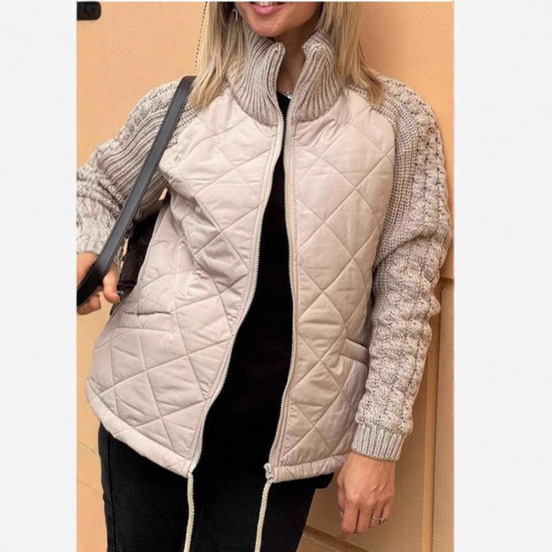 Stylish Quilted Front Zipper Jacket with Cozy Knitted Sleeves and Stand Collar