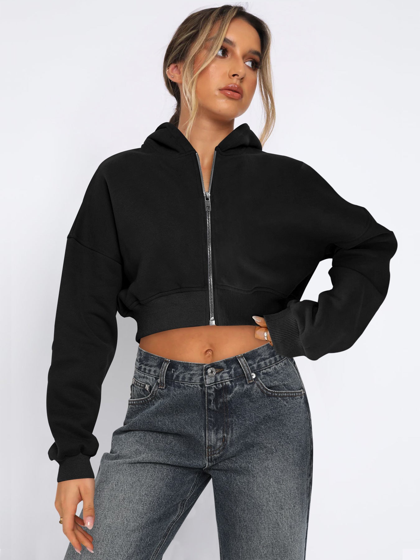 Cozy Fleece Cropped Zip Up Hoodie for Everyday Comfort