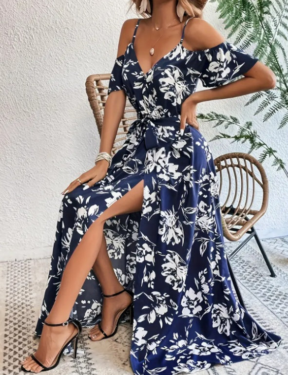 Elegant Floral Print Split Hem Cold Shoulder Summer Maxi Dress with Adjustable Waist