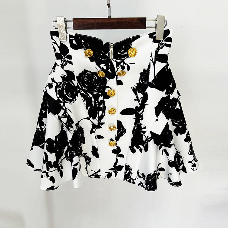 Elegant Black and White Rose Print Flared A Line Mini Skirt