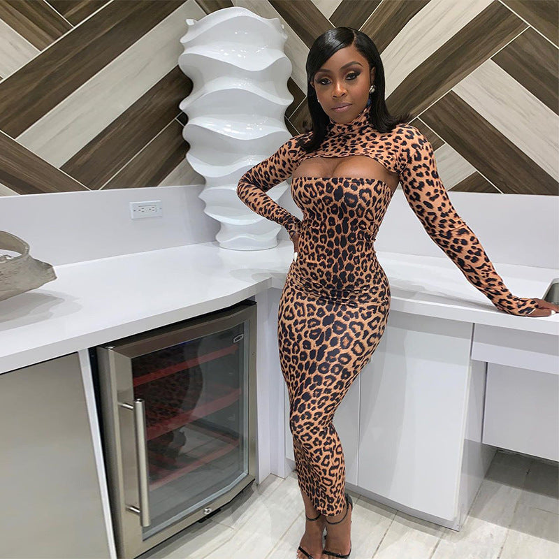 Chic Long Sleeve High Neck Cut Out Leopard Print Bodycon Midi Dress
