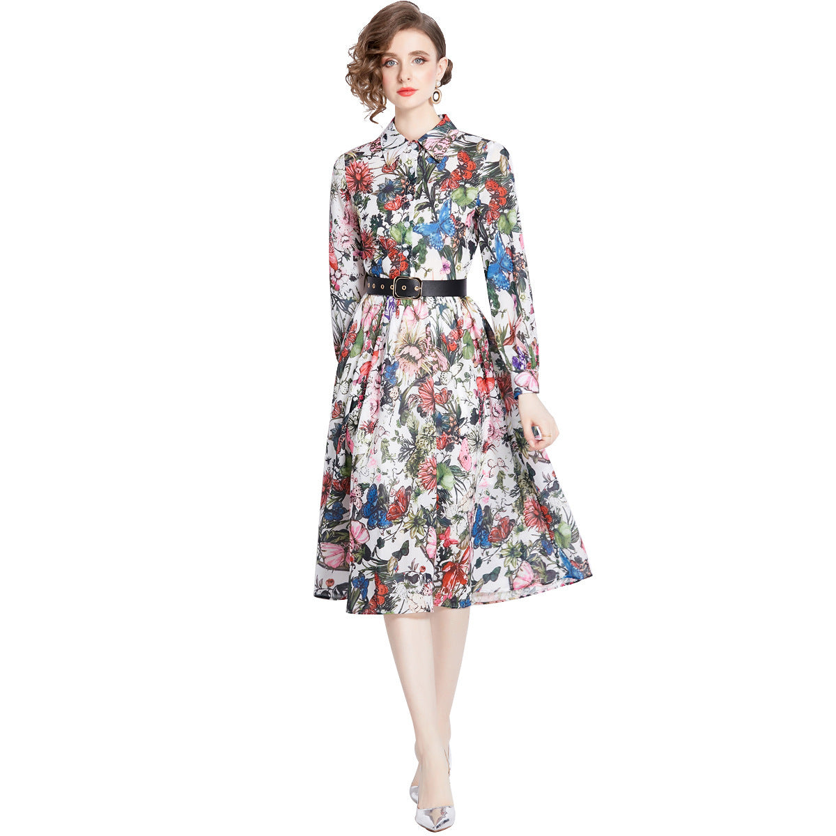 Elegant Floral Print Long Sleeve Button Down Midi Shirt Dress with Belt