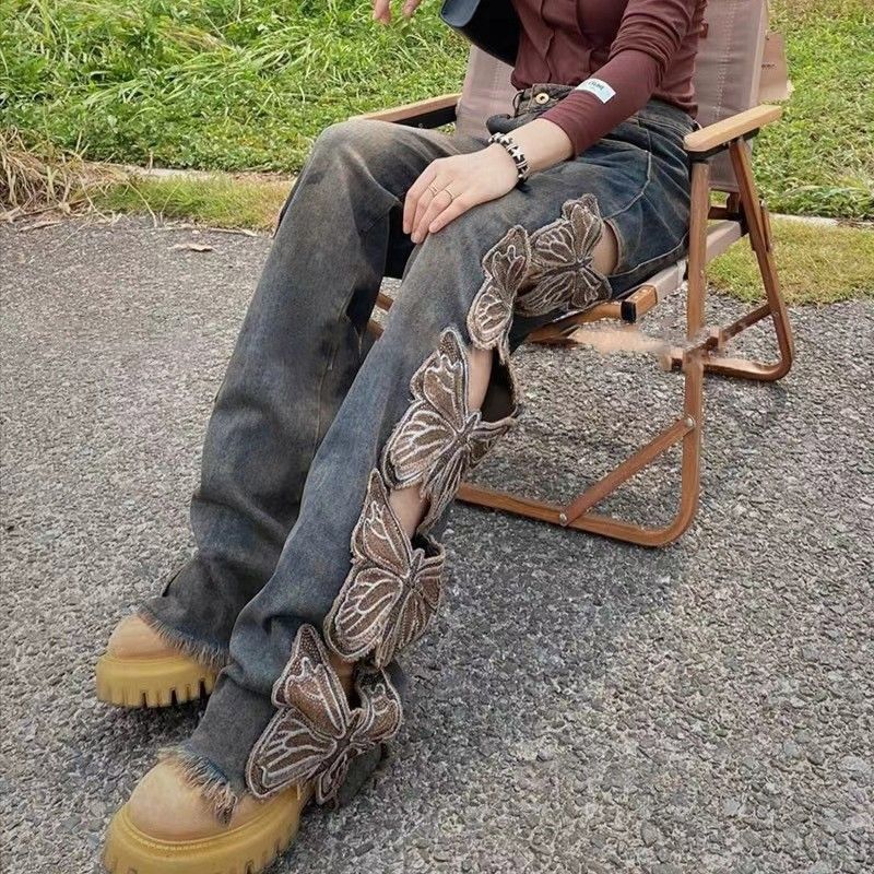 Distressed Butterfly High-Waist Wide Leg Jeans