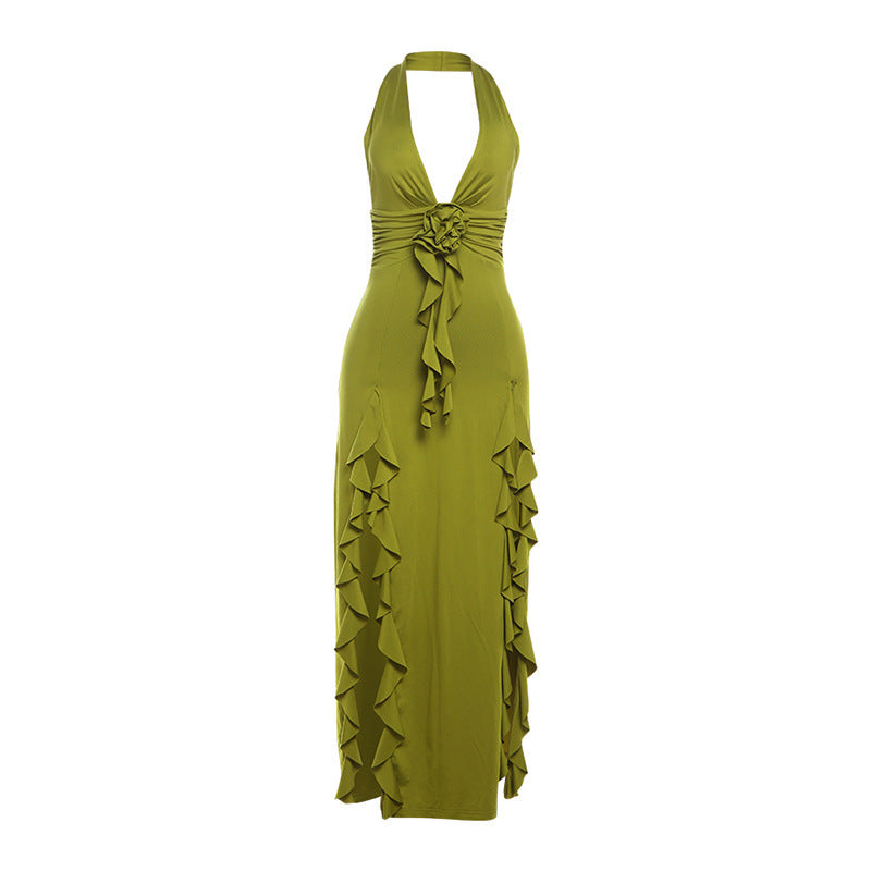 Women's Floral Halter Dress - V-Neck Slit Maxi Gown