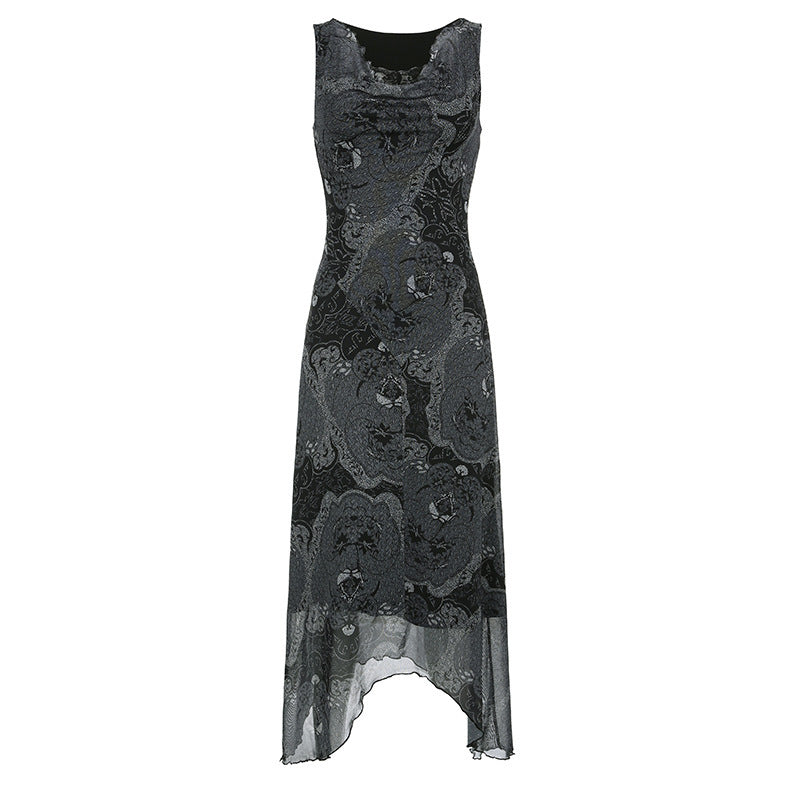 Women's Vintage Floral Print Sleeveless Midi Dress with Cowl Neck Design