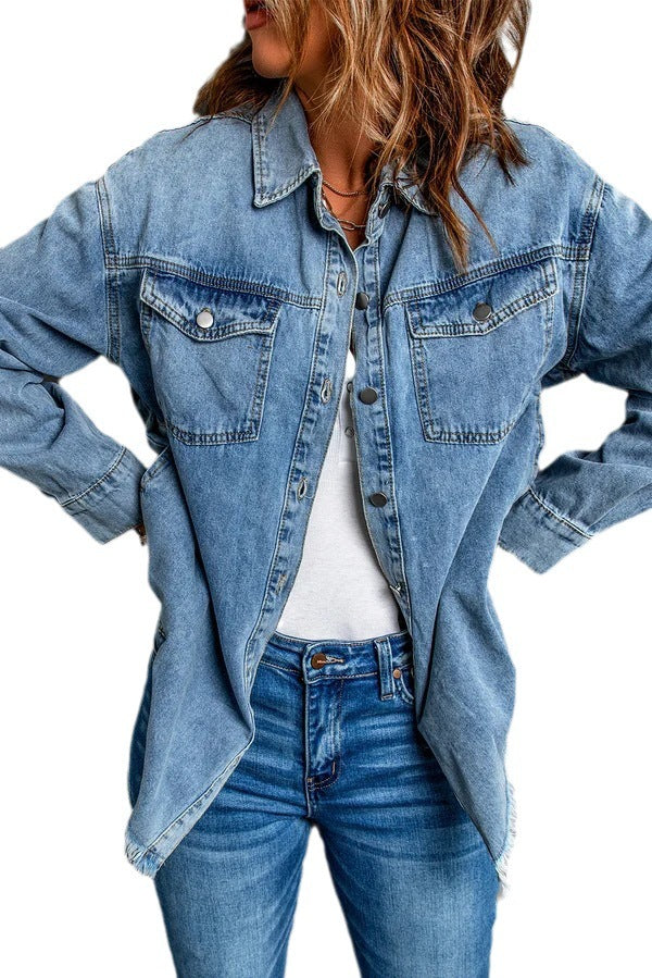 Effortless Everyday Loose Fit Denim Jacket with Raw Hem Detail
