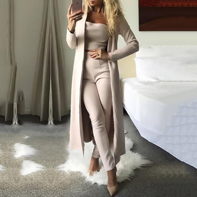 Elegant Women's 3-Piece Duster Coat, Crop Top & Pants Matching Set