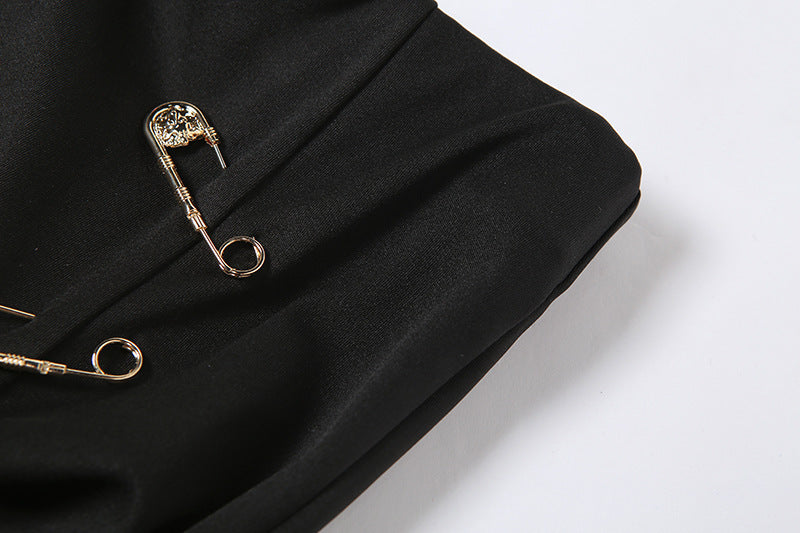 Edgy High Waisted Slim Fit Black Midi Skirt with Daring Side Slit and Safety Pin Detail