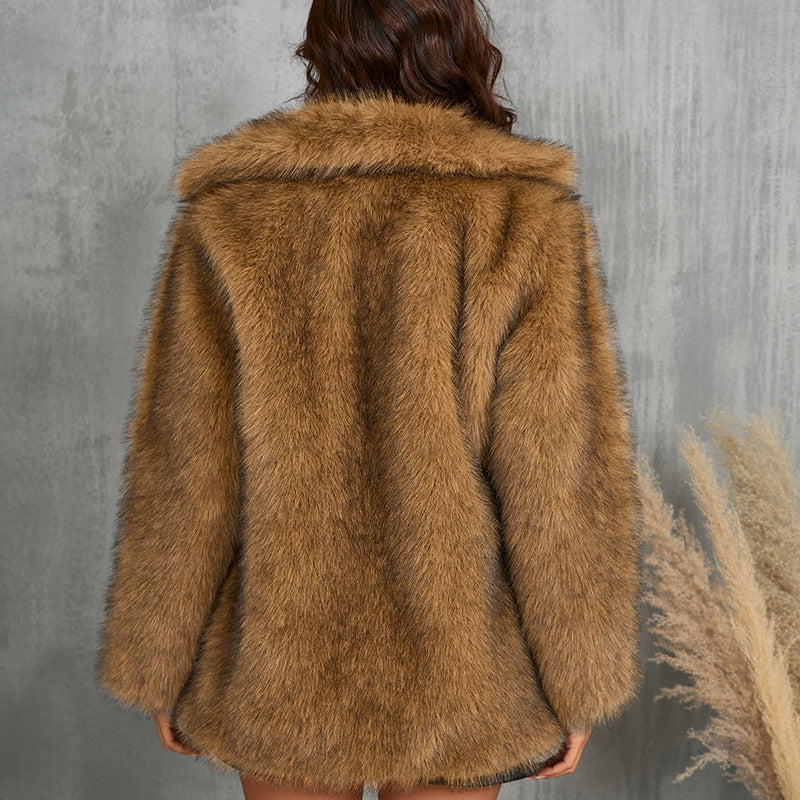 Cozy Autumn Winter Faux Fur Long Sleeve Collared Outerwear Jacket