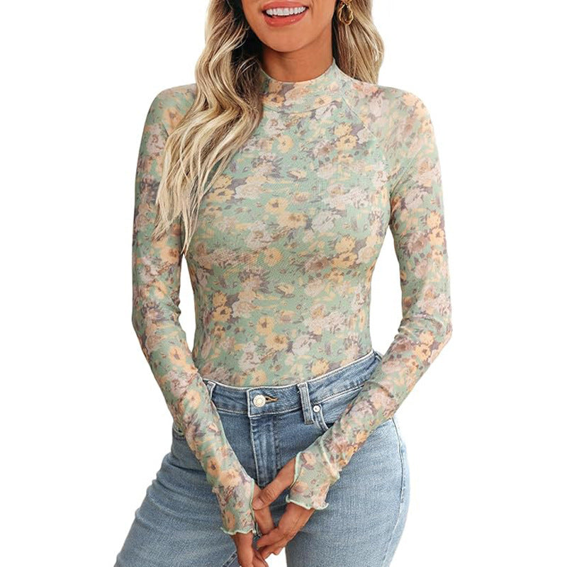 Elegant Floral Print Mesh Long Sleeve Crew Neck Top