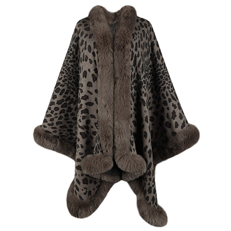 Cozy Leopard Print Faux Fur Trim Autumn Winter Kimono Style Cape Cardigan