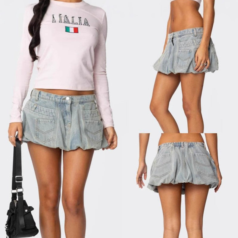 Trendy Light Blue Denim Bubble Mini Skirt with Stylish Pleats and Pockets