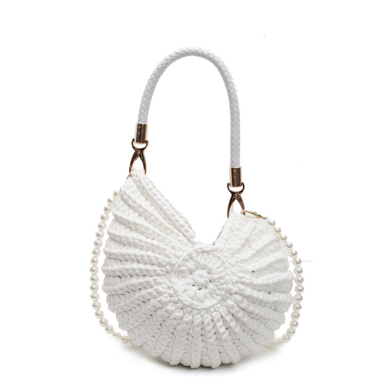 Handmade Woven Shell Handbag with Pearl Strap Unique Crochet Shoulder Bag